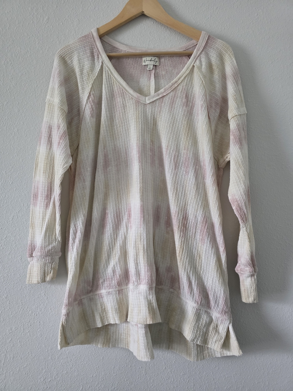 Wonderly Cream and Pink Tie-Dye Waffle V-Neck Sweatshirt